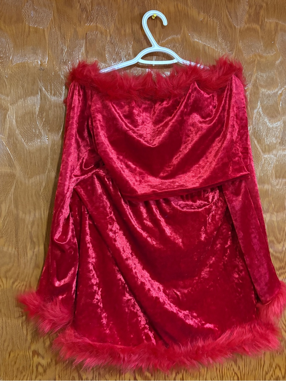 Plus Size Red Velvet Marabou Trim Off-Two Piece Top And Skirt